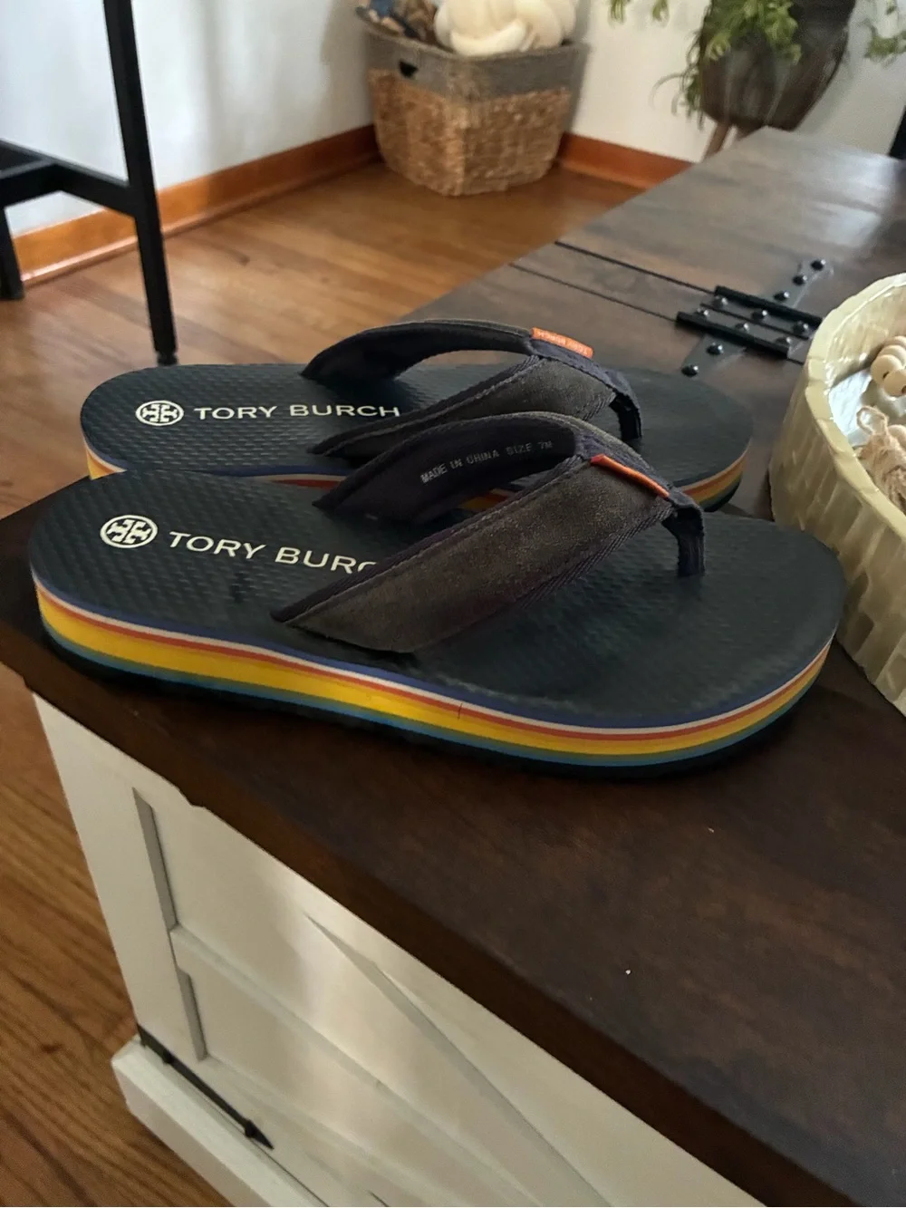 Tory Burch Navy Flip-Flop Sandals with Rainbow Stripe Midsole